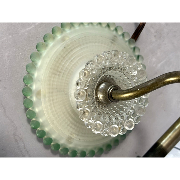 Vintage 1930s Art Deco Green Frosted Glass Wall Sconce Hobnail Beaded Backplate - Picture 7 of 12